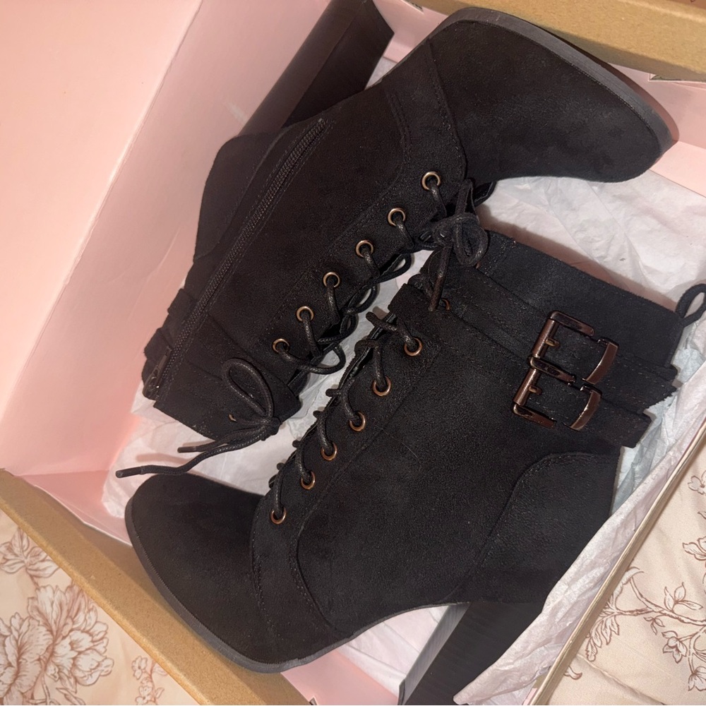 Charlotte Russe Black Heeled Boots with Buckle Detail